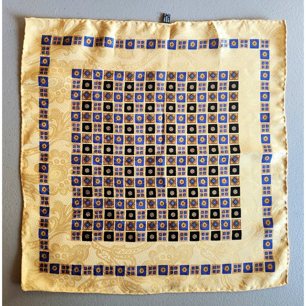 Vintage Luxury Hand Rolled 100% Silk Pocket Square Yellow Blue Black 14" Italy